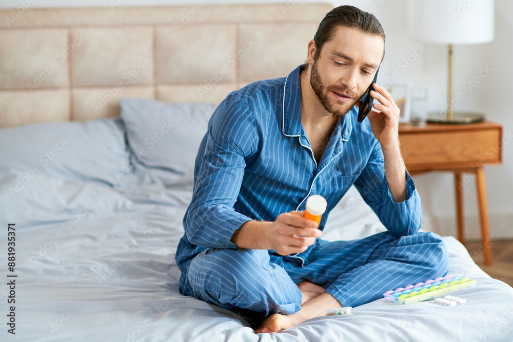 Man in yoga pose on bed, talking on cellphone. Man in yoga pose on bed, talking on cellphone.