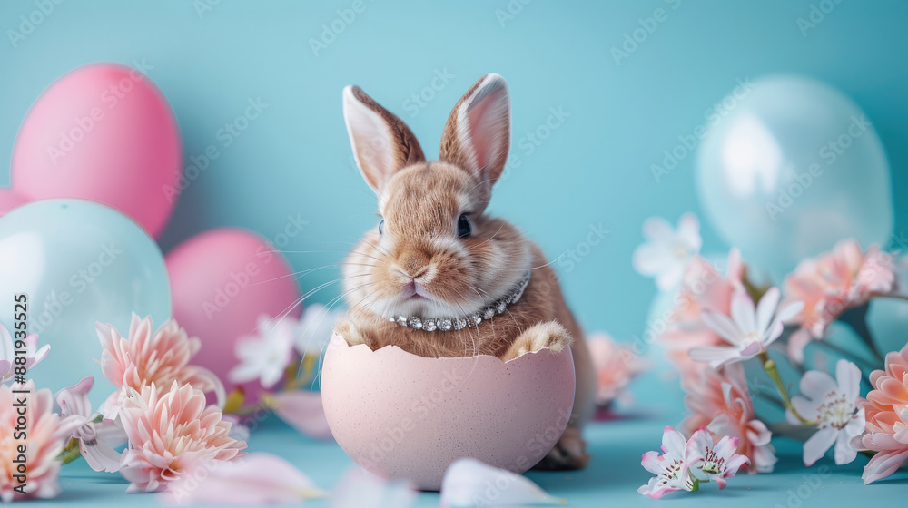 Cute Easter Bunny hatching from Easter egg surrounded by flowers, jewels, flowers and balloons isolated on pastel blue Cute Easter Bunny hatching from Easter egg surrounded by flowers, jewels, flowers and balloons isolated on pastel blue