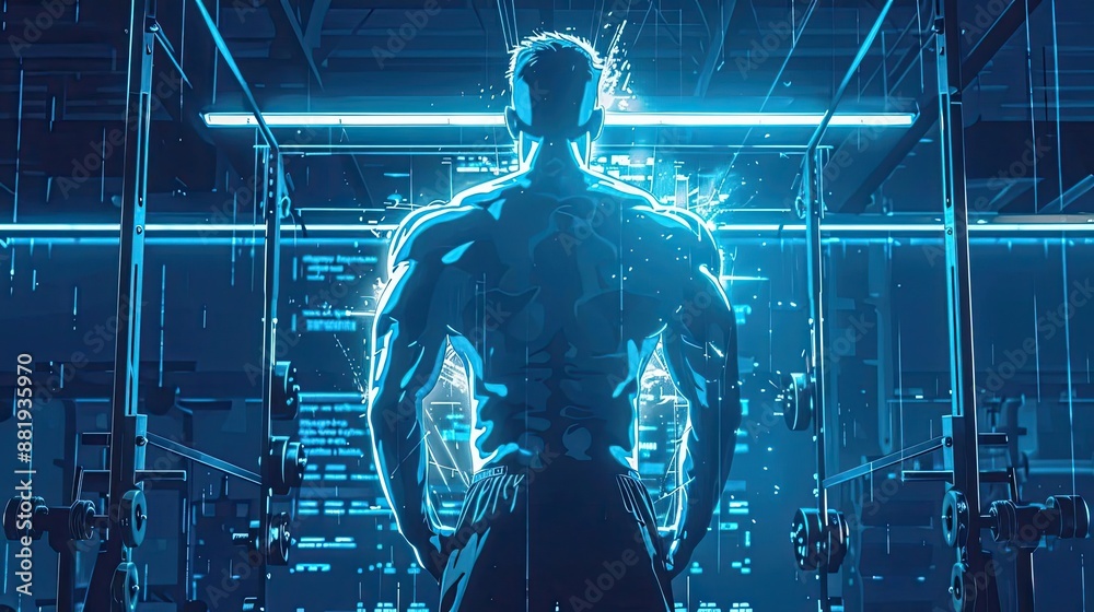 Muscular man working out in futuristic gym with blue neon lights showcasing strength and determination Muscular man working out in futuristic gym with blue neon lights showcasing strength and determination