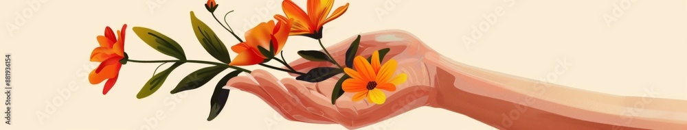 Obraz premium Abstract Embrace: The Tender Gesture of Two Hands Holding a Vibrant Bloom, Symbolizing the Unity of Charity and Compassion.