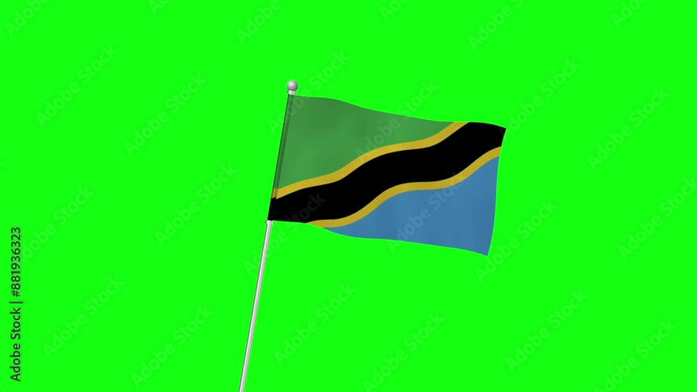 4K TANZANIA flag with pole waving on chroma key green screen
