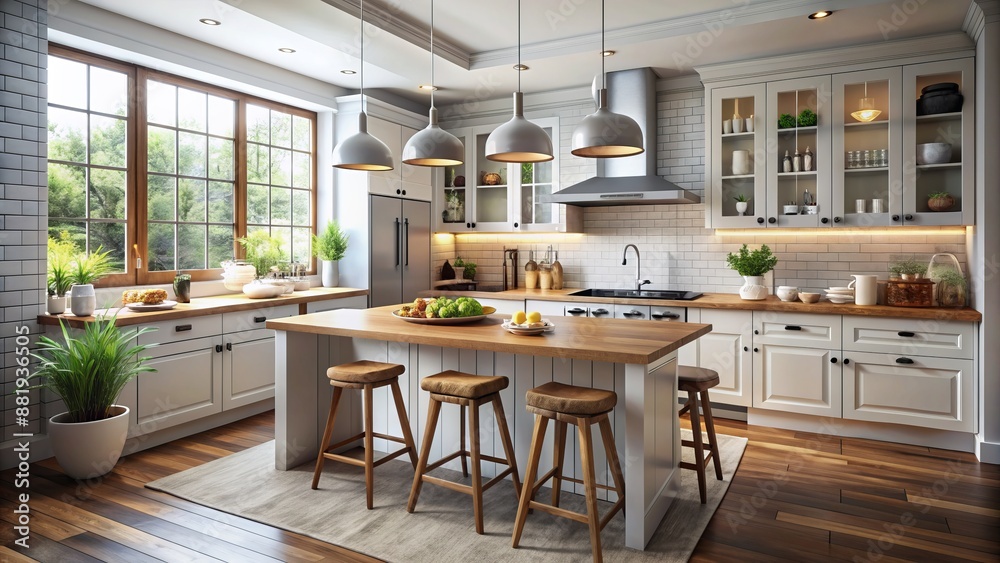 Full shot of a kitchen with a breakfast bar. Full shot of a kitchen with a breakfast bar.