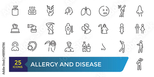 Allergy and disease icon set. Collection and pack of linear web and ui icons. Editable stroke. Vector illustration.