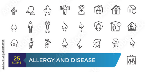 Allergy and disease icon set. Collection and pack of linear web and ui icons. Editable stroke. Vector illustration.