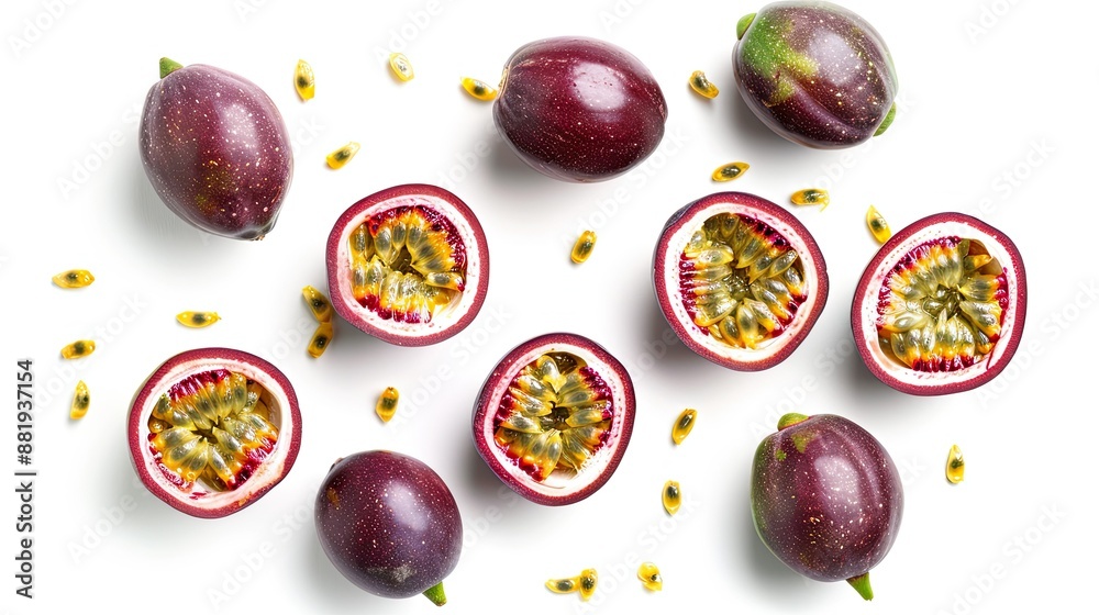 Whole passion fruits and cut halves, highlighting juicy interiors, arranged on a white background Whole passion fruits and cut halves, highlighting juicy interiors, arranged on a white background
