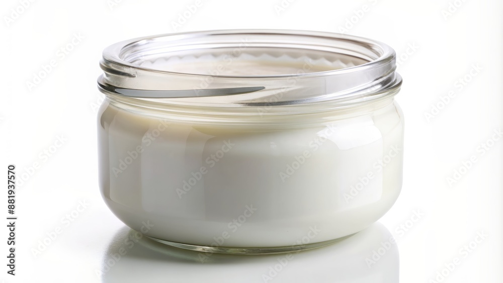 Close-up of a glass yogurt jar with a lid isolated on white. Close-up of a glass yogurt jar with a lid isolated on white.