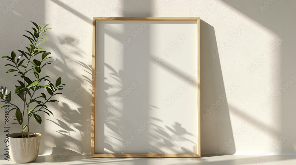 A mockup of an empty blank light wooden frame with reflections on the wall, shadows from plants and window light, minimalist interior design, soft neutral tones, high resolution, hyper realistic A mockup of an empty blank light wooden frame with reflections on the wall, shadows from plants and window light, minimalist interior design, soft neutral tones, high resolution, hyper realistic