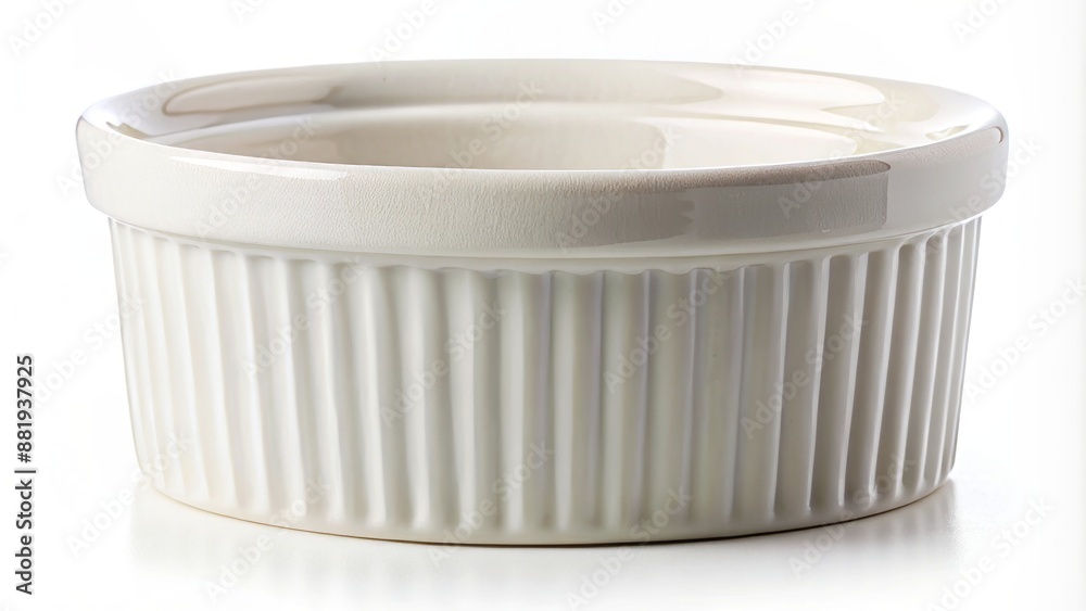 Close-up of a ceramic soufflé dish with a fluted edge isolated on white. Close-up of a ceramic soufflé dish with a fluted edge isolated on white.