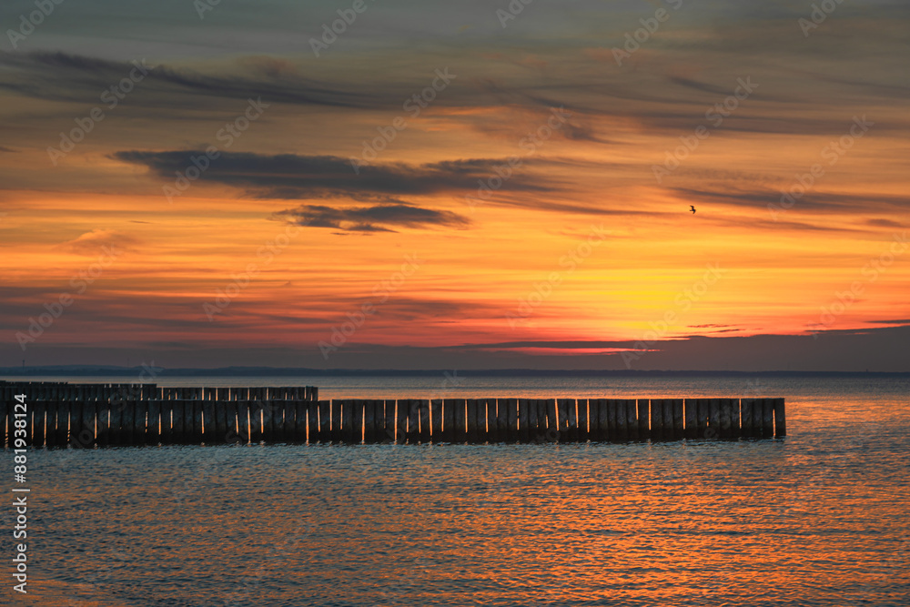 View of sand beach with wooden breakwaters on the Baltic Sea coast on sunset in Zelenogradsk. Russia