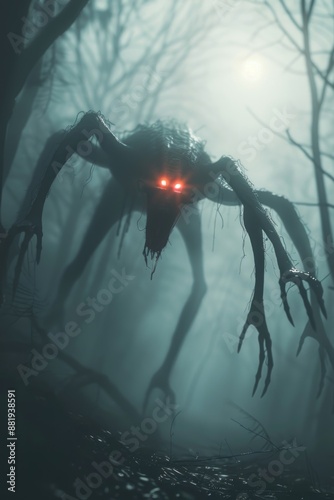 Creepy spider in dark forest