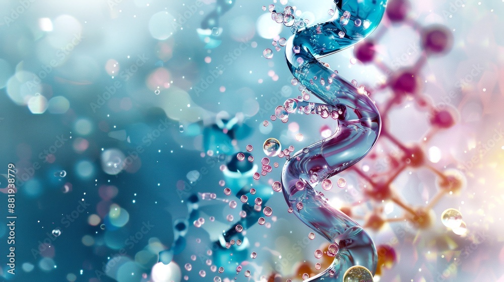 Colorful DNA Helix with Water Droplets on Bokeh Background. Colorful DNA Helix with Water Droplets on Bokeh Background.