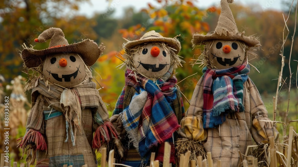 Three cheerful scarecrows dressed in colorful scarves and hats stand in a field surrounded by autumn foliage. Three cheerful scarecrows dressed in colorful scarves and hats stand in a field surrounded by autumn foliage.