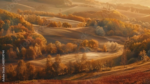 Fototapeta Naklejka Na Ścianę i Meble -  Picturesque autumn landscape with rolling hills, colorful foliage, and warm sunlight creating a serene and tranquil atmosphere.