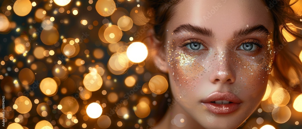 Portrait of a young woman with glittering makeup and bokeh lights in the background, creating a dreamy and festive atmosphere. Portrait of a young woman with glittering makeup and bokeh lights in the background, creating a dreamy and festive atmosphere.