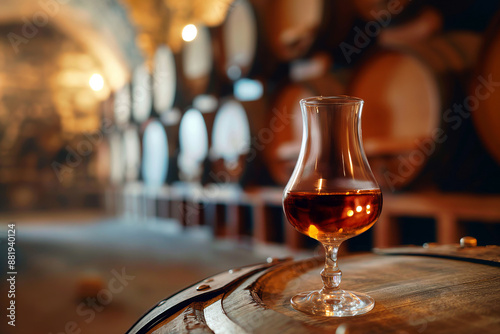 Close-up of glass of cognac on background of wooden barrels in cellar of winery.