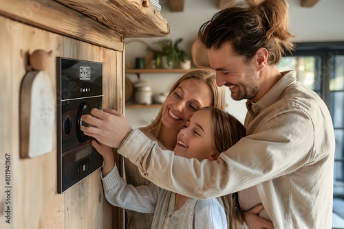 A family of three adjusting smart thermostat, lowering heating temperature at home. Sustainable, efficient, and smart technology in home heating and thermostats. 