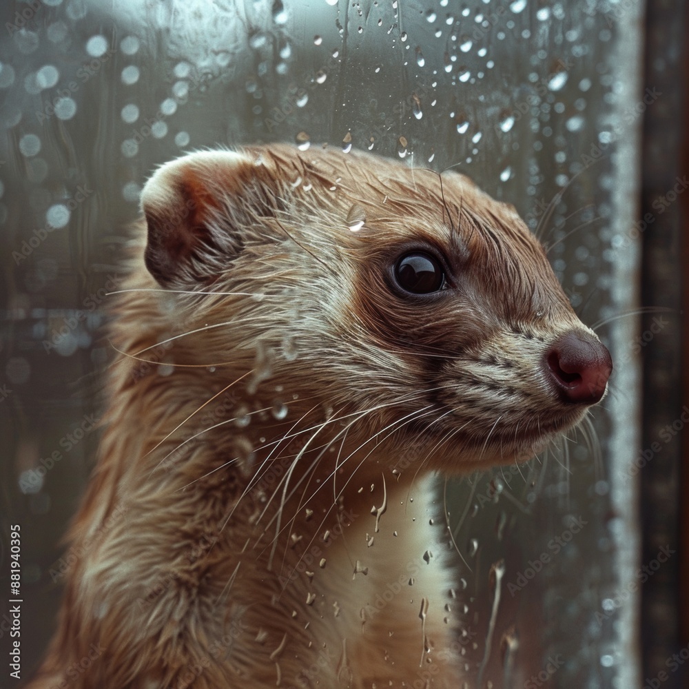 Curious Wet Ferret Admiring Rain - Isolated on White Background with Copy Space. Curious Wet Ferret Admiring Rain - Isolated on White Background with Copy Space.