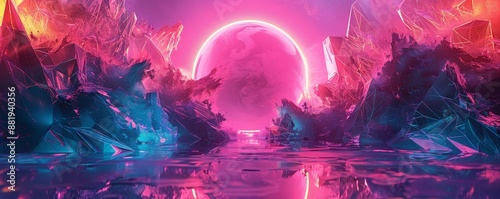 Surreal vibrant landscape with glowing crystals and a pink neon sun, reflecting over a calm water surface in a fantastical scene.