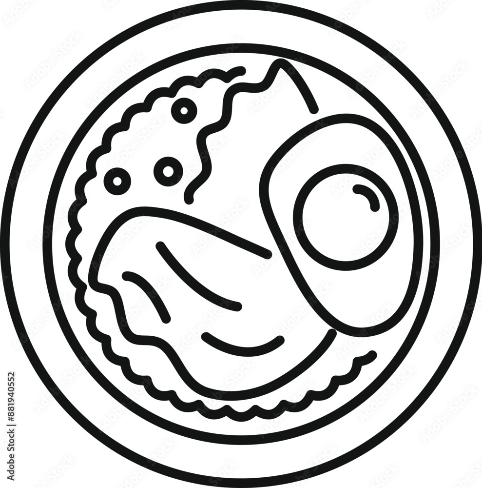 Line art icon of a breakfast plate with fried egg, avocado and mashed avocado Line art icon of a breakfast plate with fried egg, avocado and mashed avocado