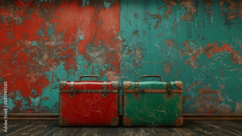 travel suitcases red and green split background - realistic photo