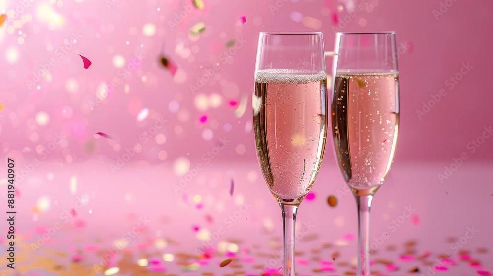 two glasses of champagne on a pink background, and sparkling pink confetti,gold blur pink two glasses of champagne on a pink background, and sparkling pink confetti,gold blur pink