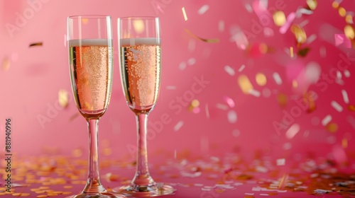 two glasses of champagne on a pink background, and sparkling pink confetti,gold blur pink photo