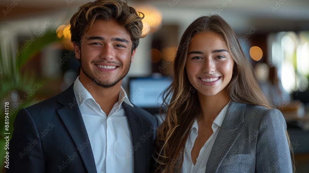 Two young receptionists at the reception of a modern hotel. On the right of the image there is a beautiful and attractive female receptionist who wears a suit with a white shirt Two young receptionists at the reception of a modern hotel. On the right of the image there is a beautiful and attractive female receptionist who wears a suit with a white shirt