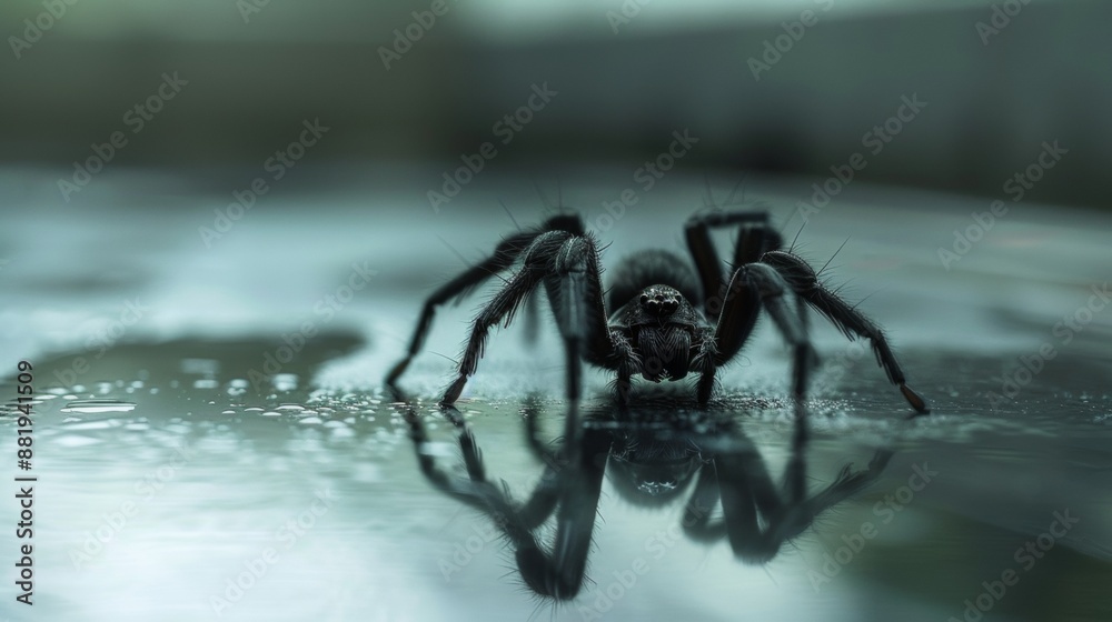 A Large Black Spider Walking On A Wet Surface A Large Black Spider Walking On A Wet Surface