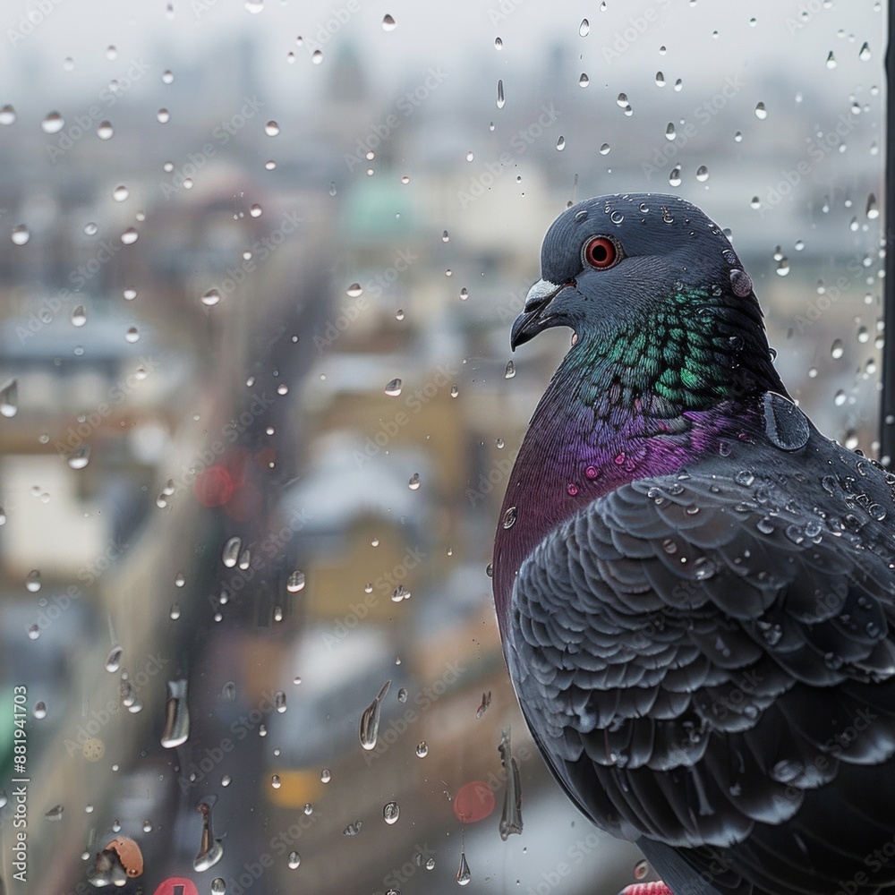 Obraz premium Pensive Pigeon in the Rain: Moody Cityscape View with Blurred Buildings and Bird Covered in Raindrops on Windowsill - Isolated on White Background for Text