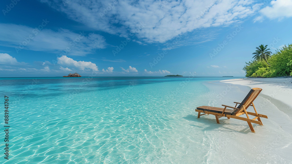 Elegant wooden beach lounger on a secluded sandy beach with turquoise water Elegant wooden beach lounger on a secluded sandy beach with turquoise water