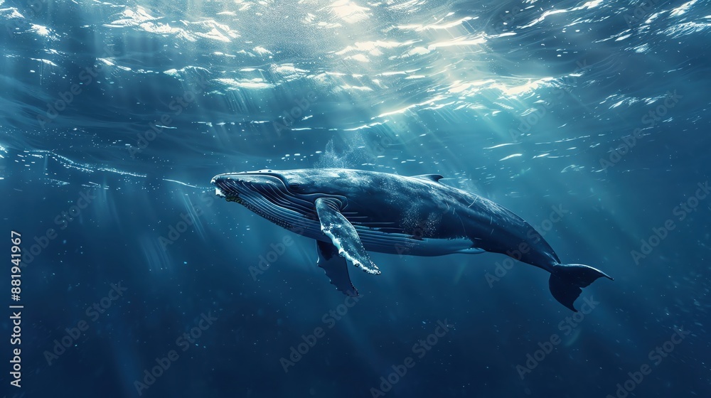Fototapeta premium A majestic whale swimming gracefully through the deep blue sea, surrounded by shimmering light, with ample copy space, no text,