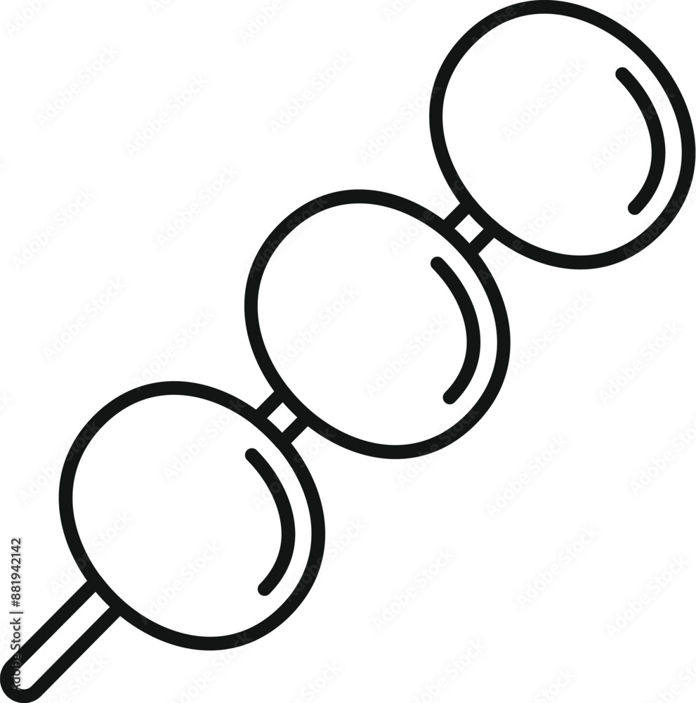 Simple black and white line art of three dango mochi balls skewered on a stick being held with chopsticks Simple black and white line art of three dango mochi balls skewered on a stick being held with chopsticks