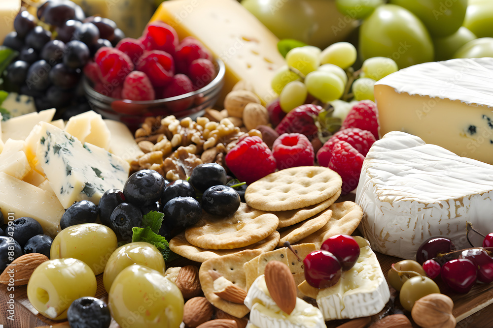 Arrange a selection of cheeses, fruits, nuts, and crackers for an elegant cheese board display Arrange a selection of cheeses, fruits, nuts, and crackers for an elegant cheese board display