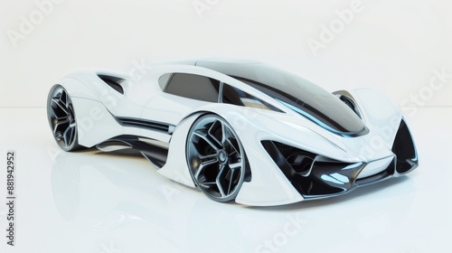 Futuristic White Car Model with Sharp Angular Lines and Reflective Surfaces on Clean Background