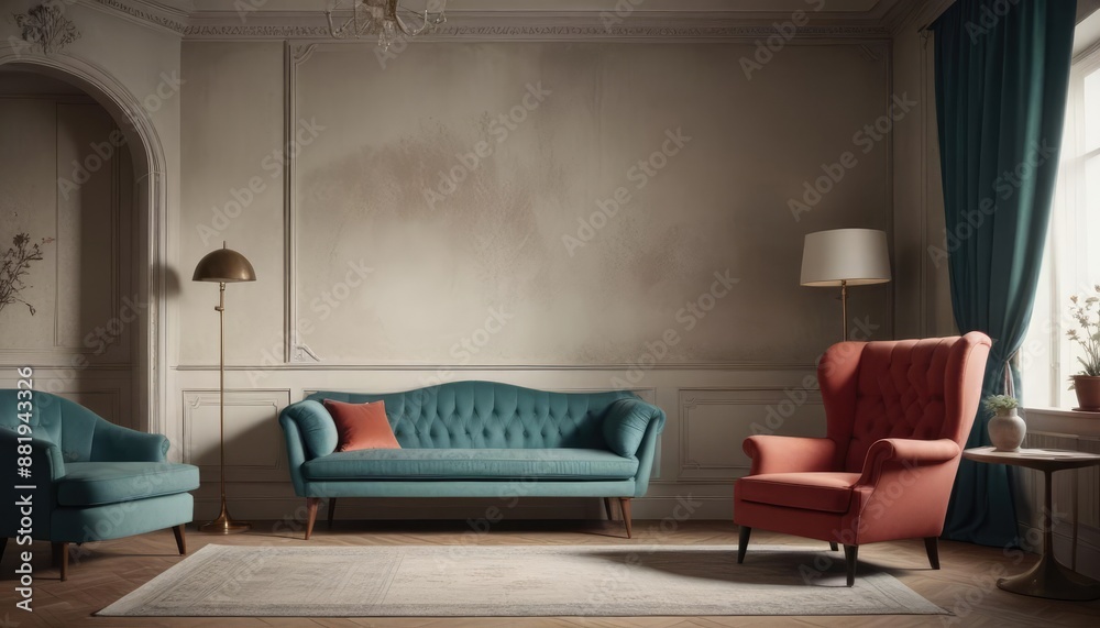 Red armchair and grey sofa near paneling wall with arch. The minimalist interior design of the modern living room. Red armchair and grey sofa near paneling wall with arch. The minimalist interior design of the modern living room.