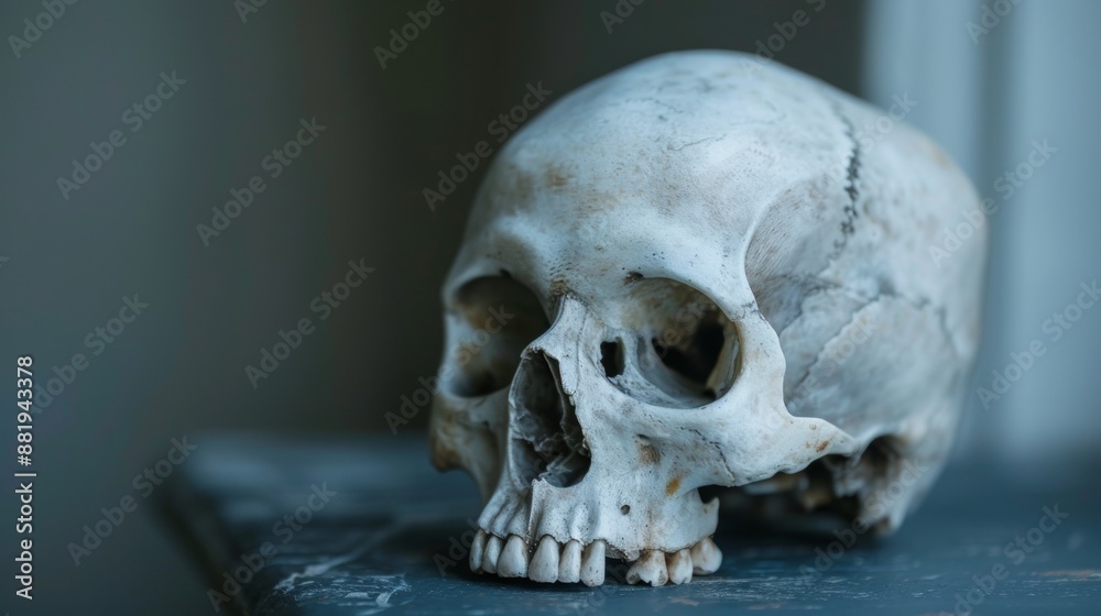 Close Up of a Human Skull on a Dark Tabletop Close Up of a Human Skull on a Dark Tabletop