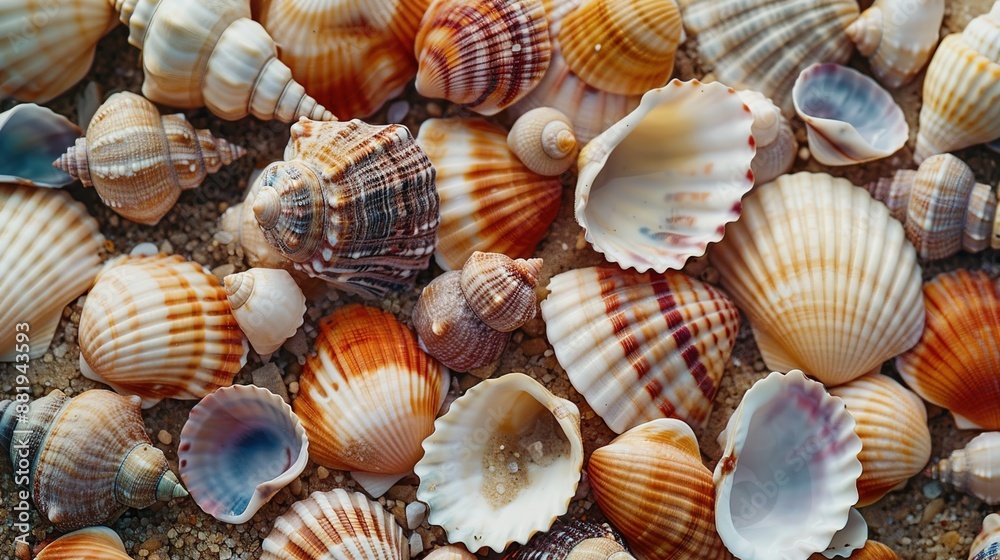 Diversity of Seashells: Colorful Collection on Sandy Beach in Macro View Diversity of Seashells: Colorful Collection on Sandy Beach in Macro View