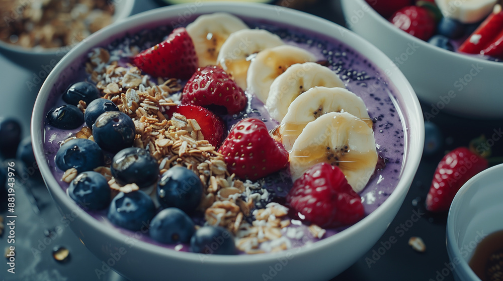 Healthy Acai Bowl Topped with Fresh Strawberries, Blueberries, Banana, Granola, and Honey - A Nutritious and Delicious Breakfast Healthy Acai Bowl Topped with Fresh Strawberries, Blueberries, Banana, Granola, and Honey - A Nutritious and Delicious Breakfast