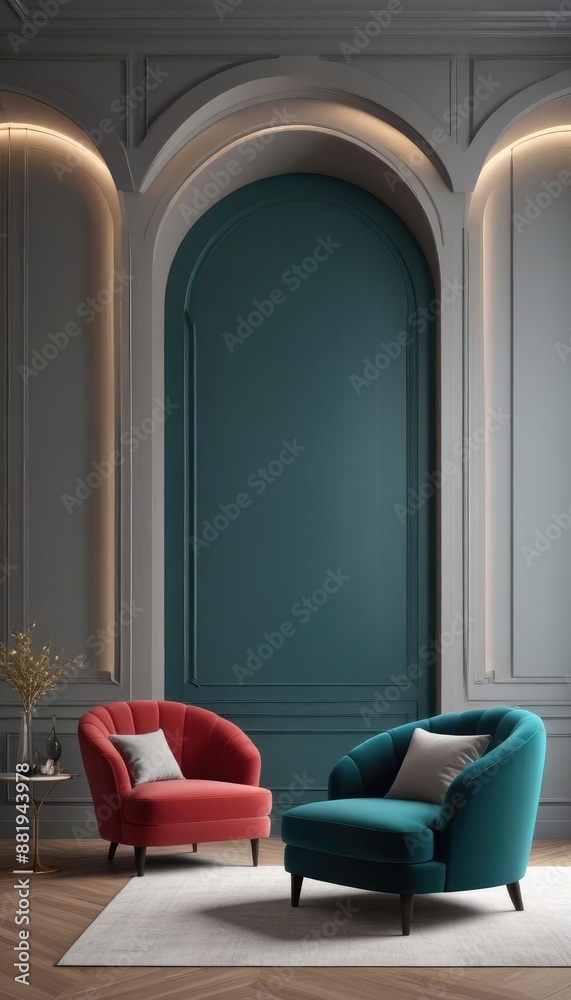 Red armchair and grey sofa near paneling wall with arch. The minimalist interior design of the modern living room. Red armchair and grey sofa near paneling wall with arch. The minimalist interior design of the modern living room.