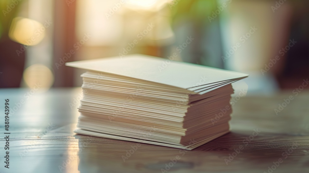 Fototapeta premium Professional Business Cards Stack on Desk with Soft Natural Light and Selective Focus
