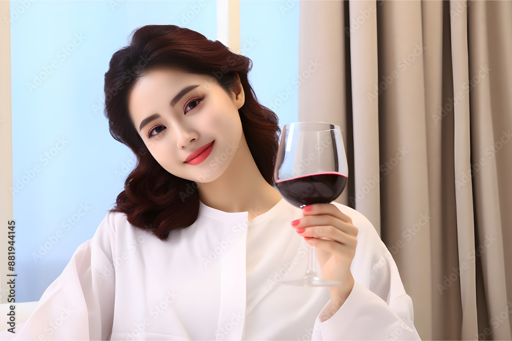 Elegant Asian Beauty with Radiant Skin in Stylish Summer Attire, Enjoying a Glass of Wine Elegant Asian Beauty with Radiant Skin in Stylish Summer Attire, Enjoying a Glass of Wine