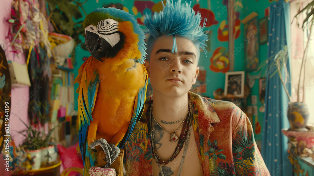 Fototapeta premium A teenager with spiky blue hair and a parrot with the same feathers in a colorful, bright room. The concept of the similarity of the owner and the pet.