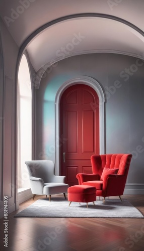 Red armchair and grey sofa near paneling wall with arch. The minimalist interior design of the modern living room. © zakir