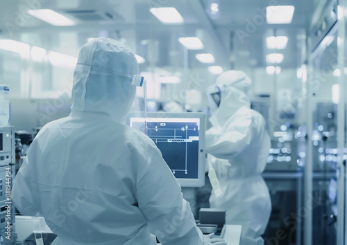 Shot of a Scientists in Sterile Suits Working with Computers, Analyzing Data form Modern Industrial Machinery in the Laboratory. Product Manufacturing Process: Semiconductors, Biotechnology.