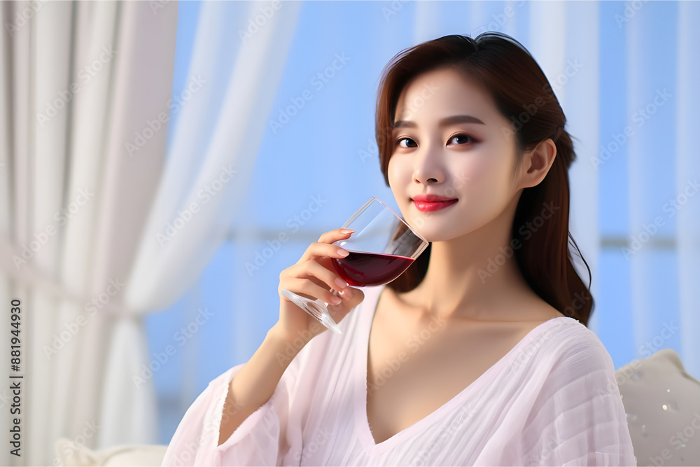Elegant Asian Beauty with Radiant Skin in Stylish Summer Attire, Enjoying a Glass of Wine Elegant Asian Beauty with Radiant Skin in Stylish Summer Attire, Enjoying a Glass of Wine