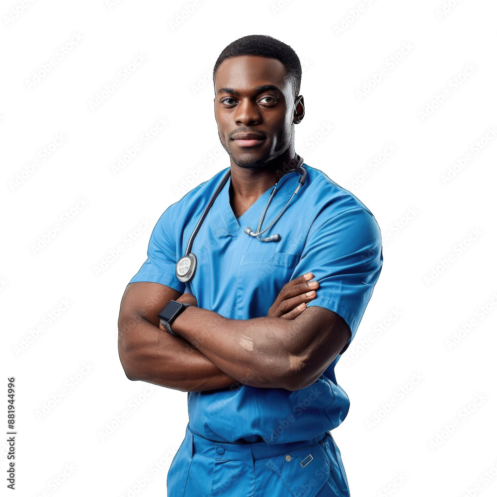 Happy black man therapist in blue uniform. Transparent background or PNG file. Happy black man therapist in blue uniform. Transparent background or PNG file.