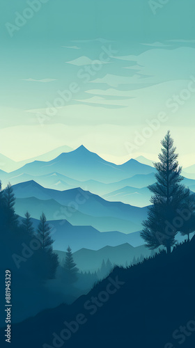 digital green and blue forested landscape with mountains graphics poster mobile phone background