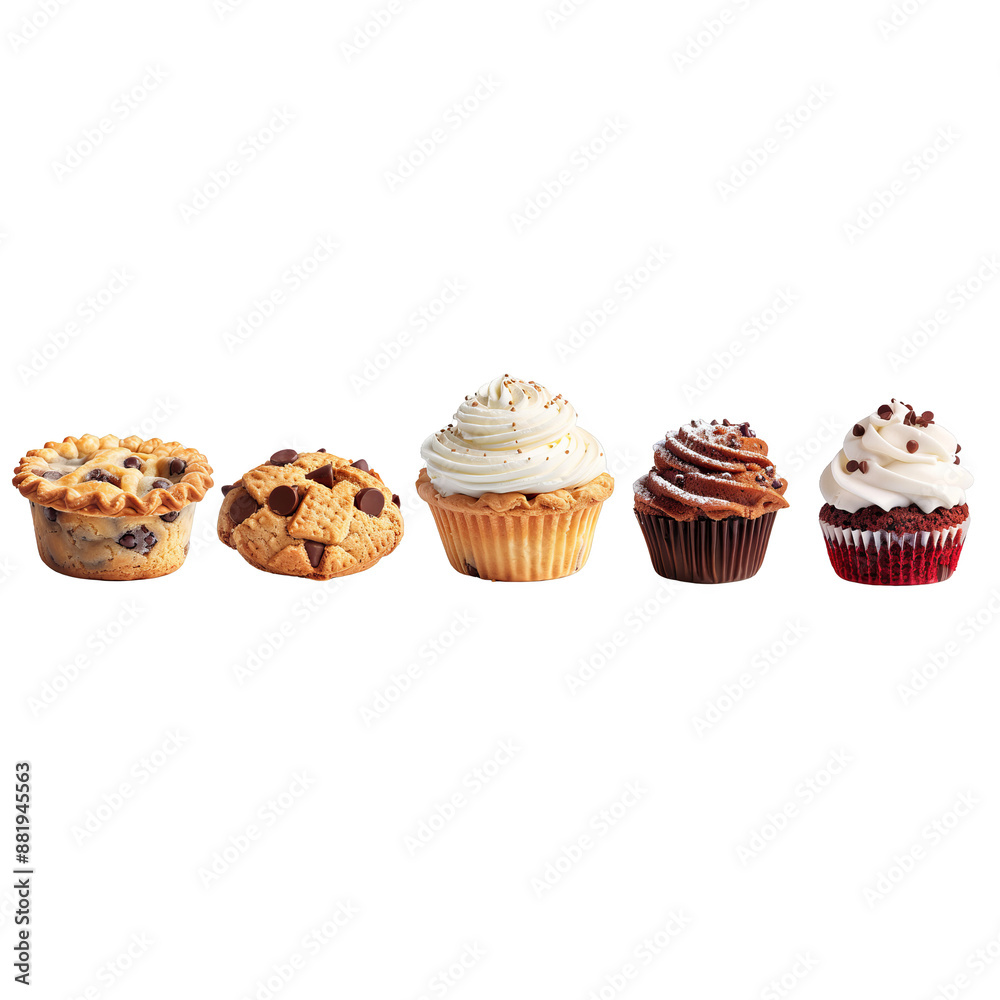 A photorealistic photo of five different pastries arranged in a row on a white background. A photorealistic photo of five different pastries arranged in a row on a white background.