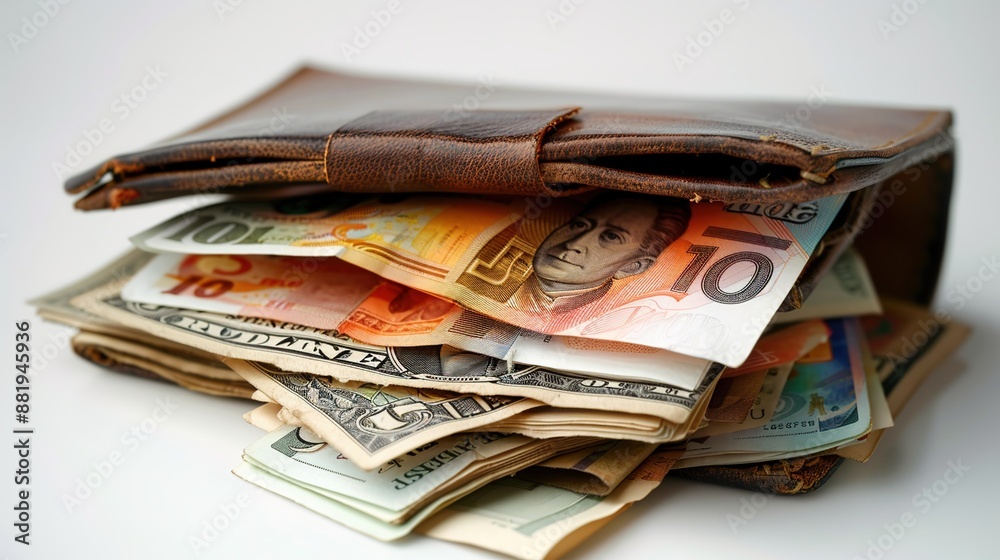 Wealth Overflow: Leather Wallet Brimming with Various Currency Notes on Plain Background Wealth Overflow: Leather Wallet Brimming with Various Currency Notes on Plain Background