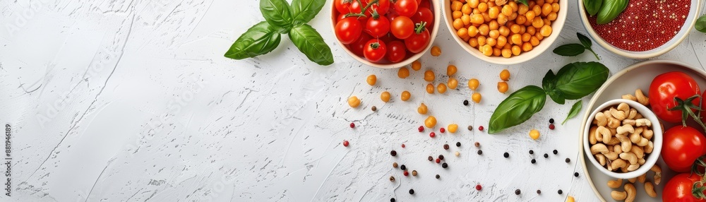 A white background with a variety of colorful bowls of food, including tomatoes